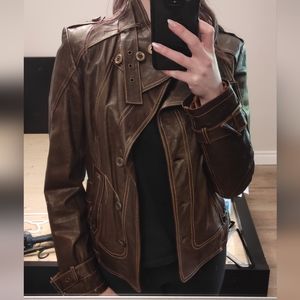 100% Leather Danier Brown buckled jacket size small
